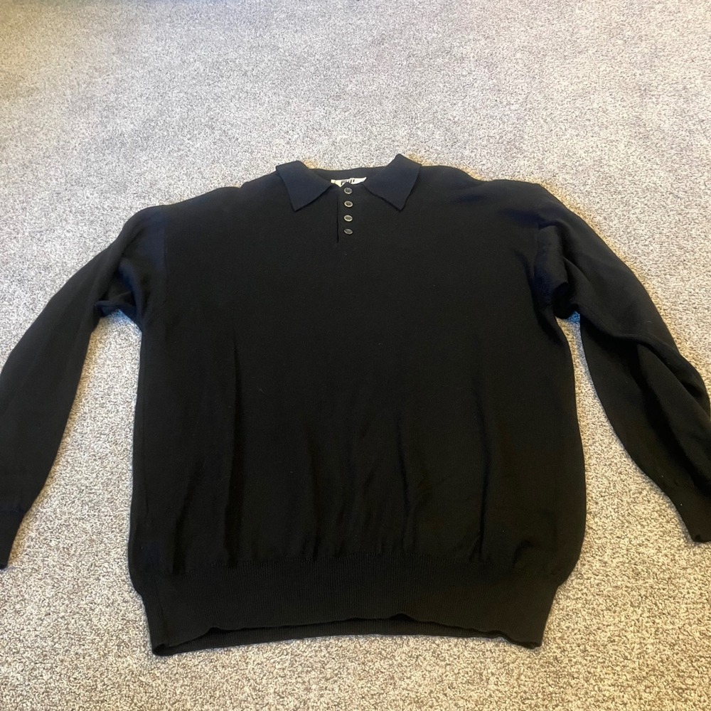 Fiji Mens L Black Wool Blend Long Sleeve Knit Polo Sweater Made in Italy Retro